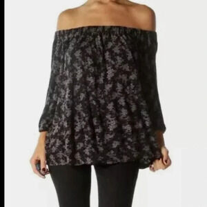 Deletta Anthropologie Off Shoulder Swing Top Black Purple Floral print fall